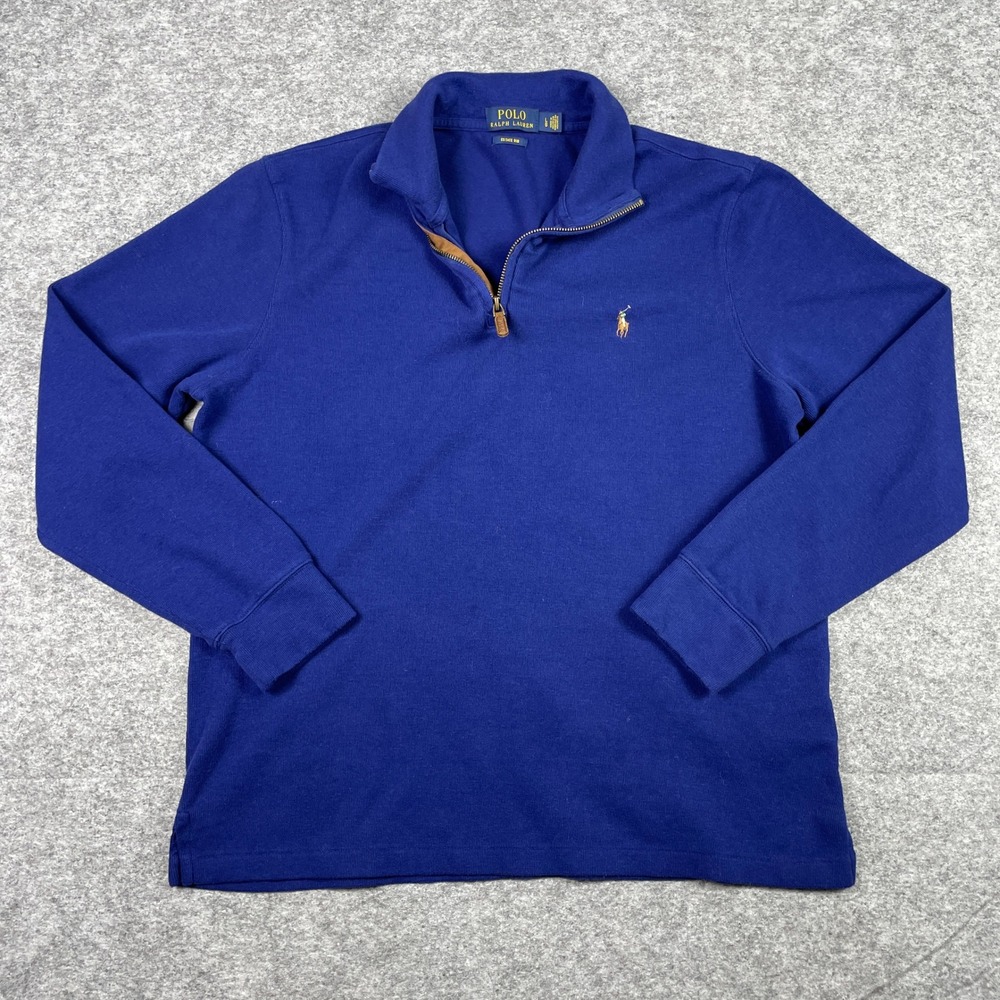 Polo Ralph Lauren Sweater Mens Large Blue Estate Rib 1/4 Zip Pullover Color Pony